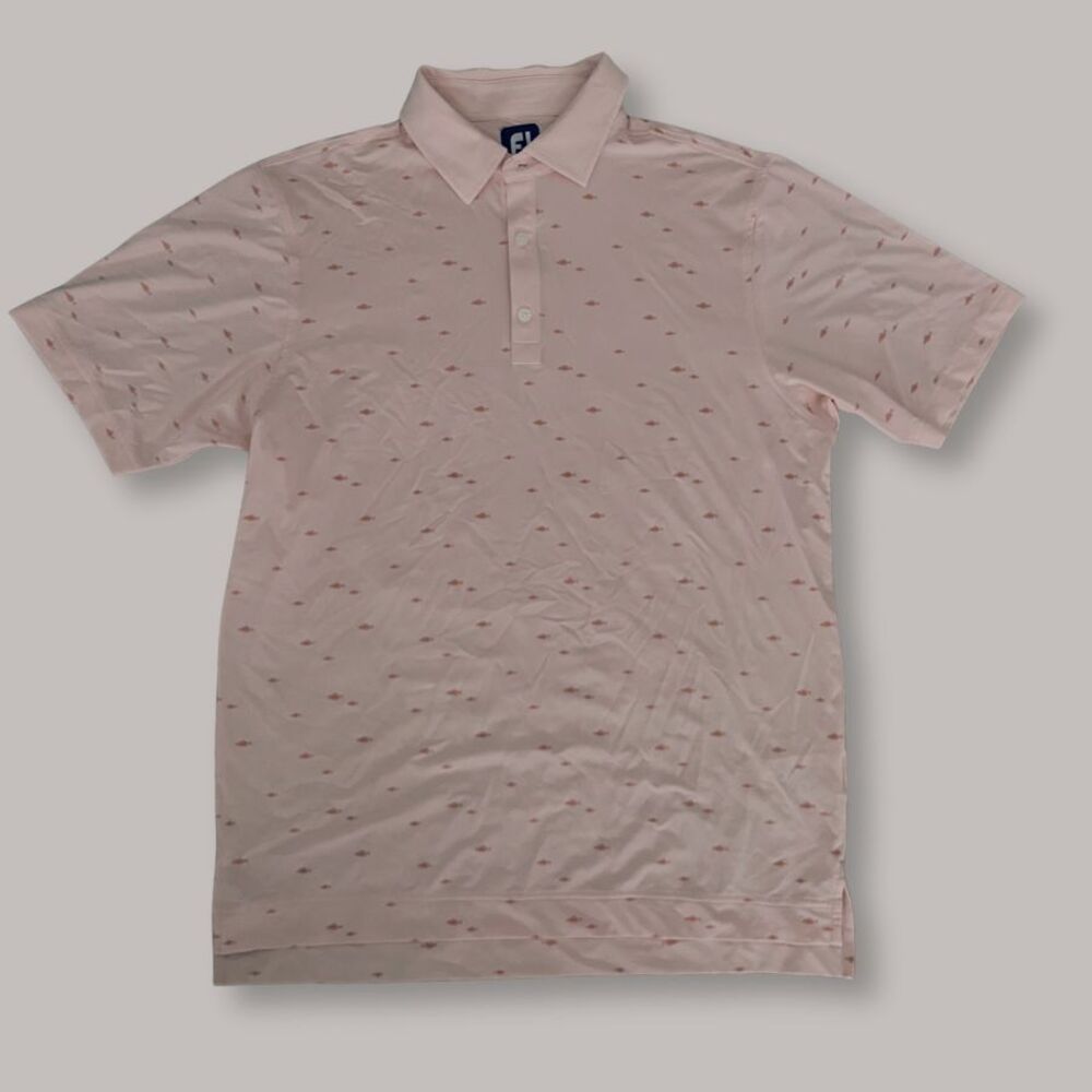 FootJoy School Of Fish Print Lisle Golf Polo Shirt In Quartz Pink Men's Medium - Picture 2 of 5